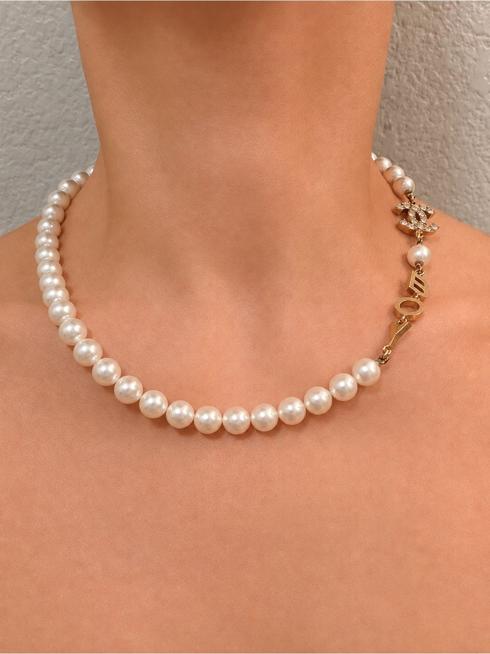 Chanel Style Pearl Necklace Gold Tone Crystal CC BOY Charm Statement Necklace